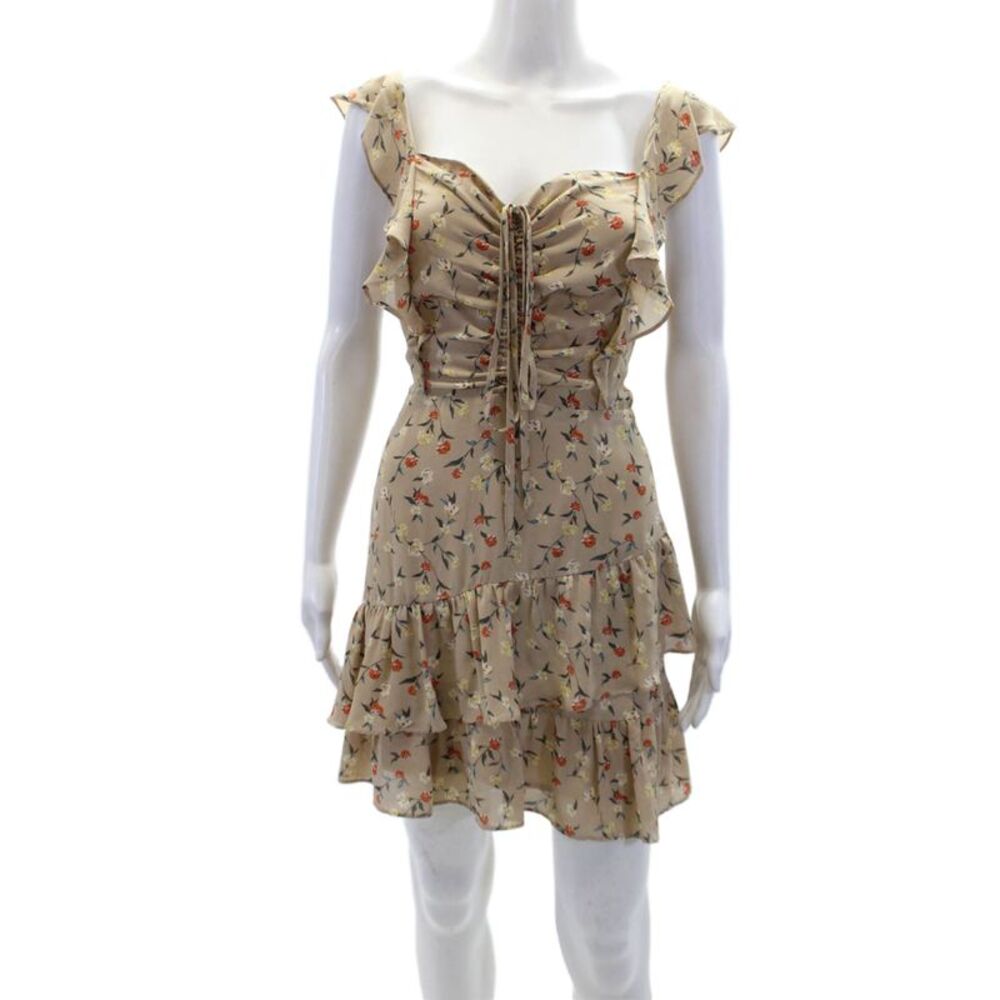 J.O.A. Womens Ruched Detail Floral Print Ruffled Strap Dress Beige Size L